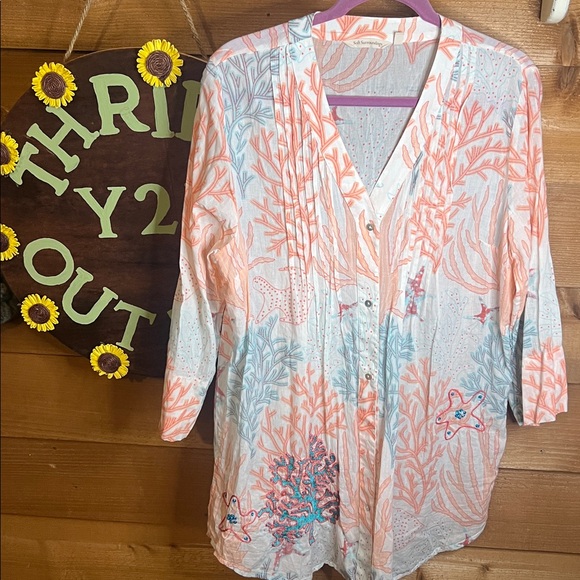 Soft Surroundings Malha Reef Tunic Cotton Embroider Sequin Button Shirt Blouse L - Picture 6 of 9